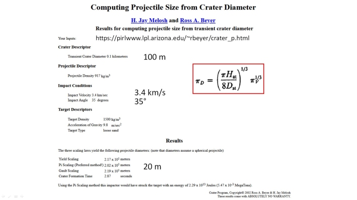 correlation of crater size to projectile diameter