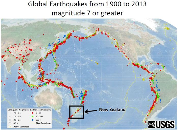 Sites of major earthquakes