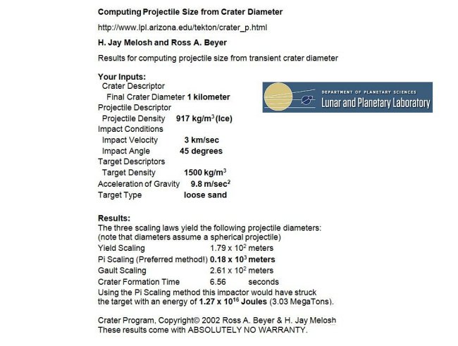 Projectile size estimate